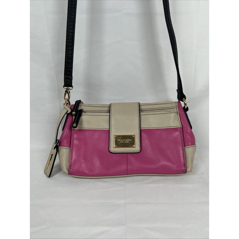 Tignanello Leather Hot Pink Taupe Crossbody Bag Purse Black Strap Barbie Preppy